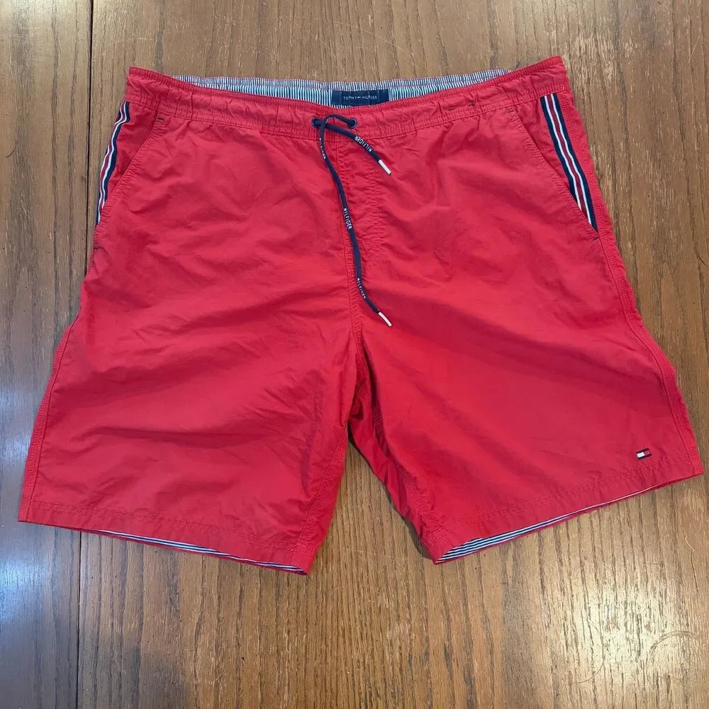 Tommy Hilfiger Swim Trunks Red Mesh Lined Drawstring Beach Shorts Flag Logo L